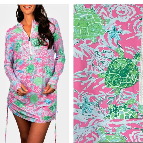 Banana Boat UPF 50+ dress pink green turtle starfish long sleeves beach coverup - Picture 1 of 10